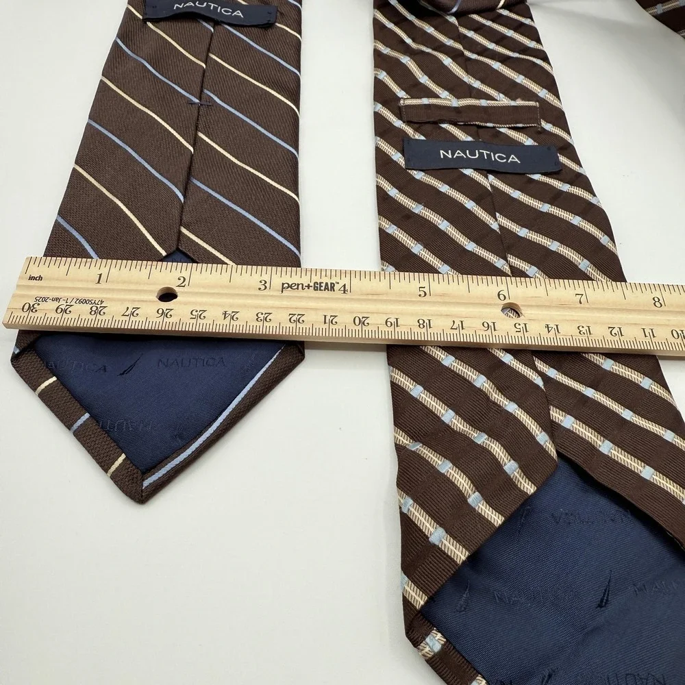 Nautica Tie Lot 2 Mens One Size Brown Blue Stripe‎ 100% Silk Made USA Neckties